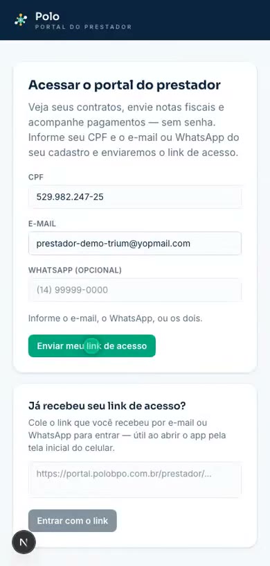 Jornada no app do prestador PJ: acesso, contratos e financeiro